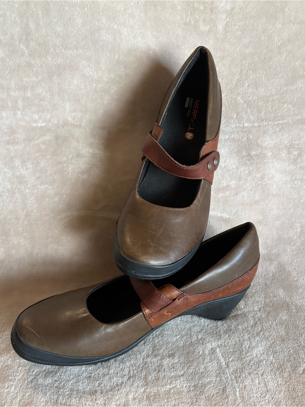 Merrell Brown Leather Mary Jane Wedge Heels with Tan Strap Women’s 9